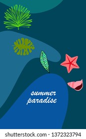 Summer rest. Starfish, seashell, leaves of tropical plants. Vector background