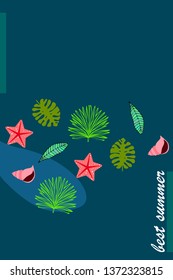Summer rest. Starfish, seashell, leaves of tropical plants. Vector background