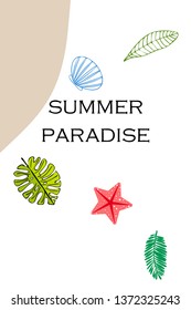 Summer rest. Starfish, seashell, leaves of tropical plants. Vector background