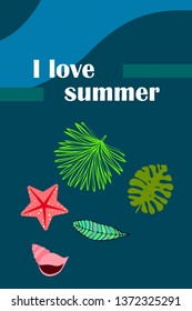 Summer rest. Starfish, seashell, leaves of tropical plants. Vector background