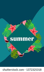 Summer rest. Starfish, seashell, leaves of tropical plants. Vector background