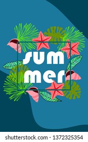 Summer rest. Starfish, seashell, leaves of tropical plants. Vector background