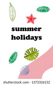 Summer rest. Starfish, seashell, leaves of tropical plants. Vector background