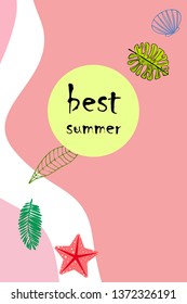 Summer rest. Starfish, seashell, leaves of tropical plants. Vector background
