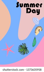 Summer rest. Starfish, seashell, leaves of tropical plants. Vector background