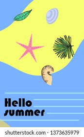 Summer rest. Starfish, seashell, leaves of tropical plants. Vector background