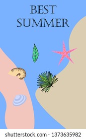 Summer rest. Starfish, seashell, leaves of tropical plants. Vector background