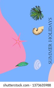 Summer rest. Starfish, seashell, leaves of tropical plants. Vector background