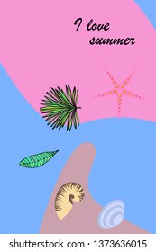 Summer rest. Starfish, seashell, leaves of tropical plants. Vector background
