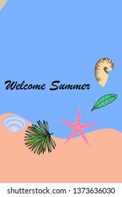 Summer rest. Starfish, seashell, leaves of tropical plants. Vector background