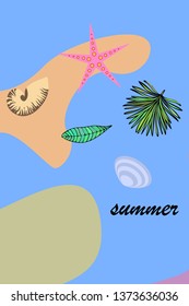 Summer rest. Starfish, seashell, leaves of tropical plants. Vector background