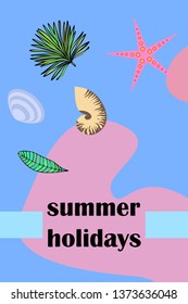 Summer rest. Starfish, seashell, leaves of tropical plants. Vector background