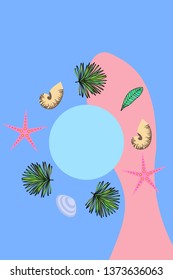 Summer rest. Starfish, seashell, leaves of tropical plants. Vector background