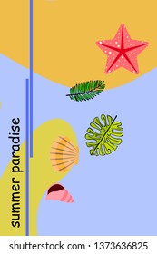 Summer rest. Starfish, seashell, leaves of tropical plants. Vector background