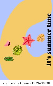 Summer rest. Starfish, seashell, leaves of tropical plants. Vector background