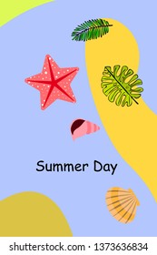 Summer rest. Starfish, seashell, leaves of tropical plants. Vector background