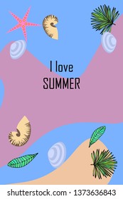 Summer rest. Starfish, seashell, leaves of tropical plants. Vector background