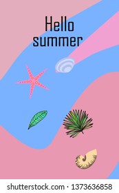 Summer rest. Starfish, seashell, leaves of tropical plants. Vector background