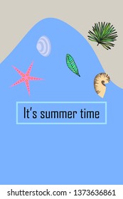 Summer rest. Starfish, seashell, leaves of tropical plants. Vector background