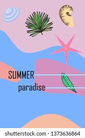 Summer rest. Starfish, seashell, leaves of tropical plants. Vector background