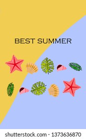 Summer rest. Starfish, seashell, leaves of tropical plants. Vector background