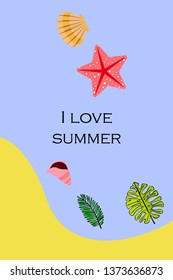 Summer rest. Starfish, seashell, leaves of tropical plants. Vector background