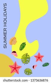 Summer rest. Starfish, seashell, leaves of tropical plants. Vector background
