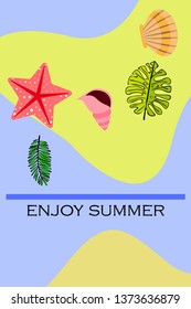 Summer rest. Starfish, seashell, leaves of tropical plants. Vector background