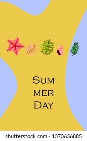 Summer rest. Starfish, seashell, leaves of tropical plants. Vector background