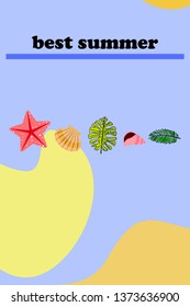 Summer rest. Starfish, seashell, leaves of tropical plants. Vector background