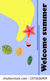 Summer rest. Starfish, seashell, leaves of tropical plants. Vector background