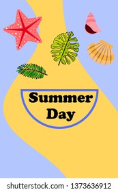 Summer rest. Starfish, seashell, leaves of tropical plants. Vector background