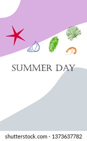 Summer rest. Starfish, seashell, leaves of tropical plants. Vector background