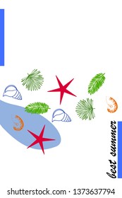 Summer rest. Starfish, seashell, leaves of tropical plants. Vector background