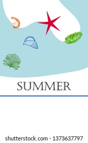 Summer rest. Starfish, seashell, leaves of tropical plants. Vector background