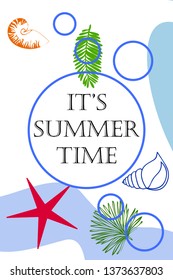 Summer rest. Starfish, seashell, leaves of tropical plants. Vector background