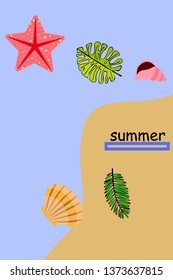 Summer rest. Starfish, seashell, leaves of tropical plants. Vector background