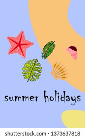 Summer rest. Starfish, seashell, leaves of tropical plants. Vector background