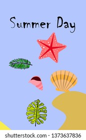 Summer rest. Starfish, seashell, leaves of tropical plants. Vector background