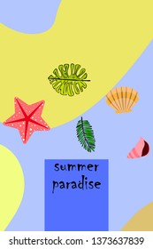 Summer rest. Starfish, seashell, leaves of tropical plants. Vector background