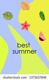 Summer rest. Starfish, seashell, leaves of tropical plants. Vector background