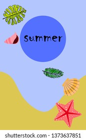 Summer rest. Starfish, seashell, leaves of tropical plants. Vector background