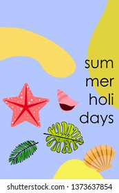 Summer rest. Starfish, seashell, leaves of tropical plants. Vector background