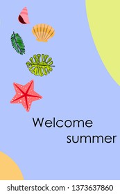 Summer rest. Starfish, seashell, leaves of tropical plants. Vector background