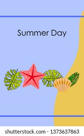 Summer rest. Starfish, seashell, leaves of tropical plants. Vector background