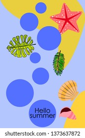 Summer rest. Starfish, seashell, leaves of tropical plants. Vector background