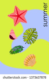 Summer rest. Starfish, seashell, leaves of tropical plants. Vector background