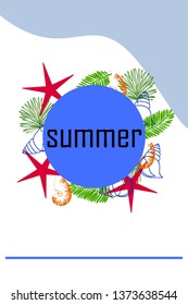 Summer rest. Starfish, seashell, leaves of tropical plants. Vector background