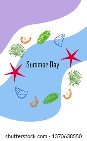 Summer rest. Starfish, seashell, leaves of tropical plants. Vector background