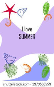 Summer rest. Starfish, seashell, leaves of tropical plants. Vector background